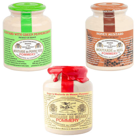 Pommery Mustard Trio with Wholegrain, Honey and Green Peppercorn Mustard 250g x 3