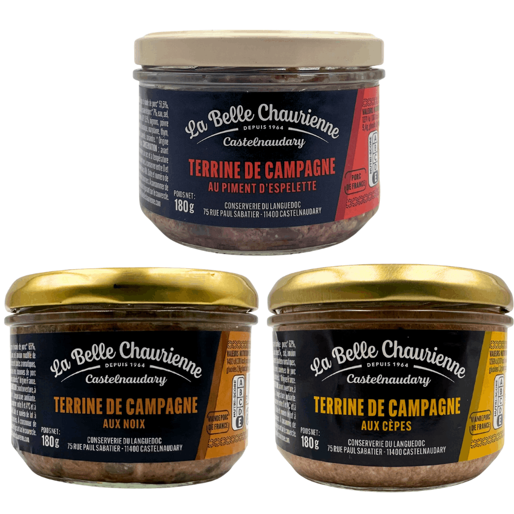 La Belle Chaurienne Farmhouse Terrine Trio: Ceps, Espelette Chilli Pepper and Walnut 180g x 3