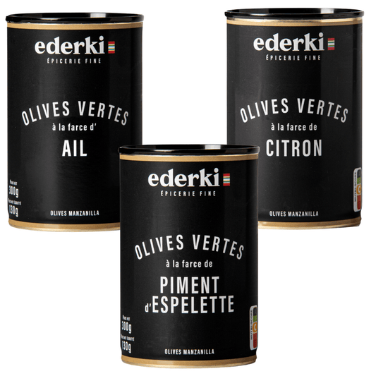 Ederki Green Olive Selection: Garlic, Lemon and Espelette Chilli Pepper